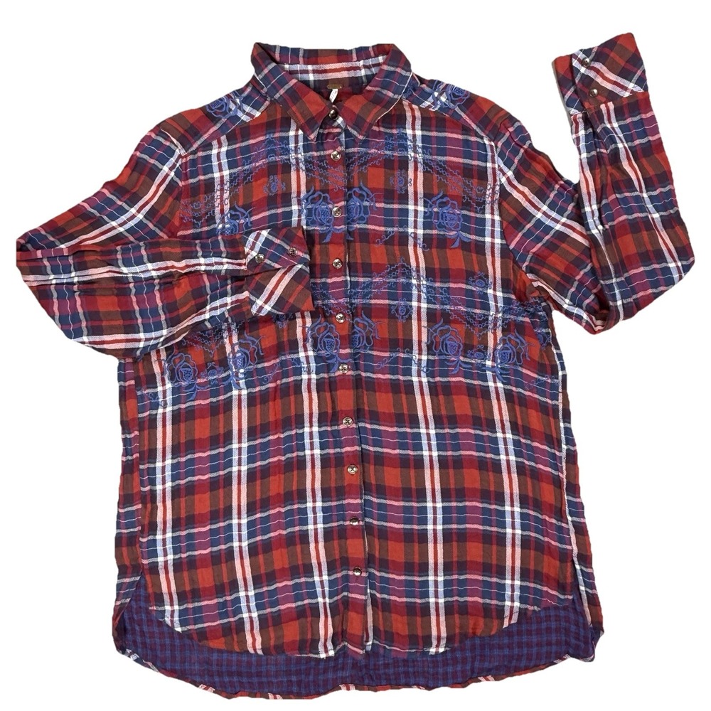 Free People Shirt Womens Medium Long Sleeve Check Fall Boho Red Blue Embroidered